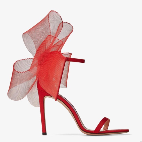 Jimmy Choo Aveline 100 Bow Ankle Strap Sandal Siletto Red (8) NWT - Picture 2 of 5